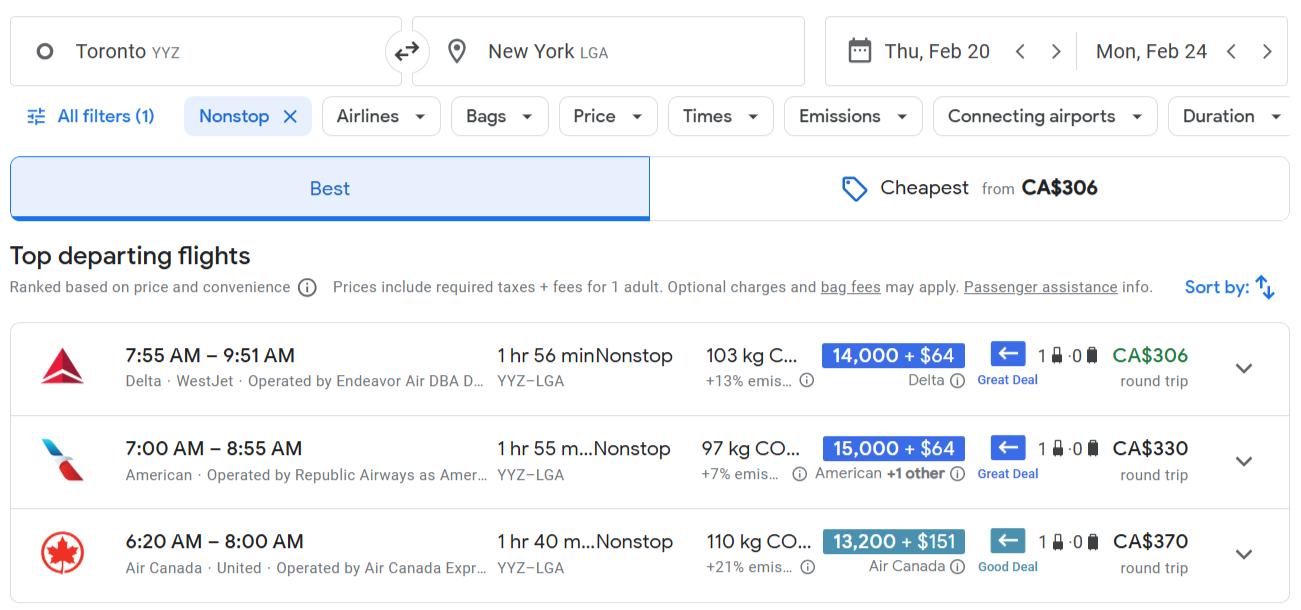 Example Points Path flight result from Toronto to New York